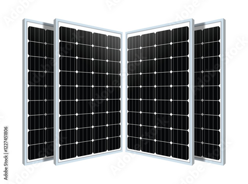 Four solar panels arranged in a semi-circular formation against a white background. Highlighting advanced photovoltaic technology and efficient renewable energy solutions.