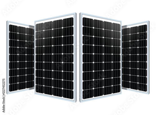 Four high-efficiency solar panels in a semi-circular formation against a white background. Highlighting advanced photovoltaic technology and efficient renewable energy solutions.