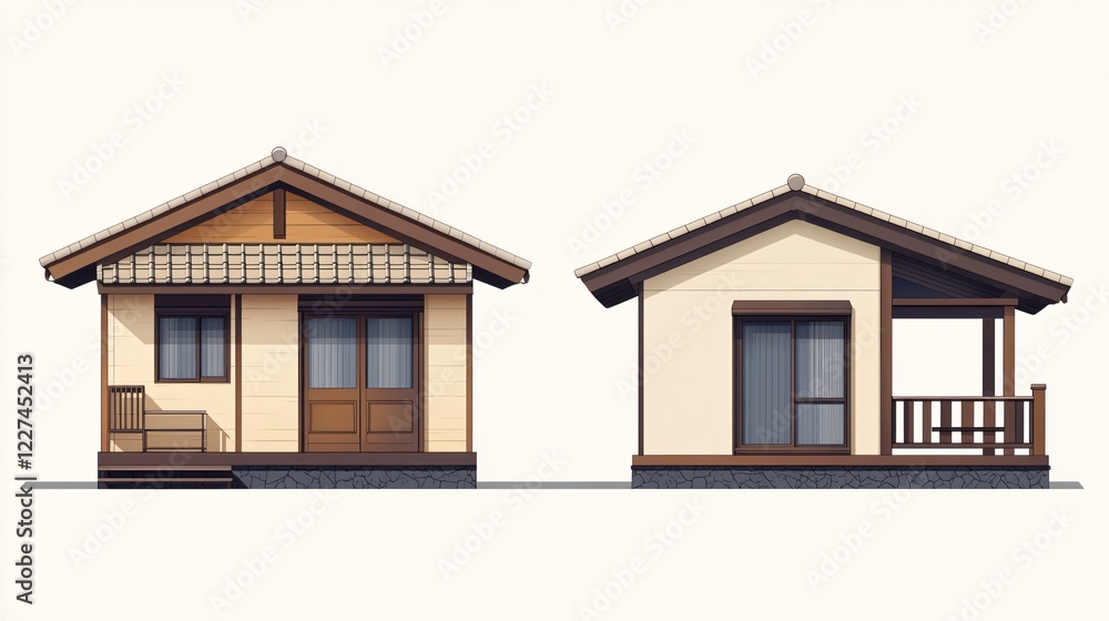 Modern Small House Front View Exterior Illustration for Real Estate Marketing with Blue Sky Background Modern Small House Front View Exterior Illustration for Real Estate Marketing with Blue Sky Background