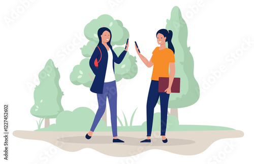 Women using mobile phones online outdoors - Two people standing in park or forest looking at device screen, surfing internet and and communicating. Flat design vector illustration on white background