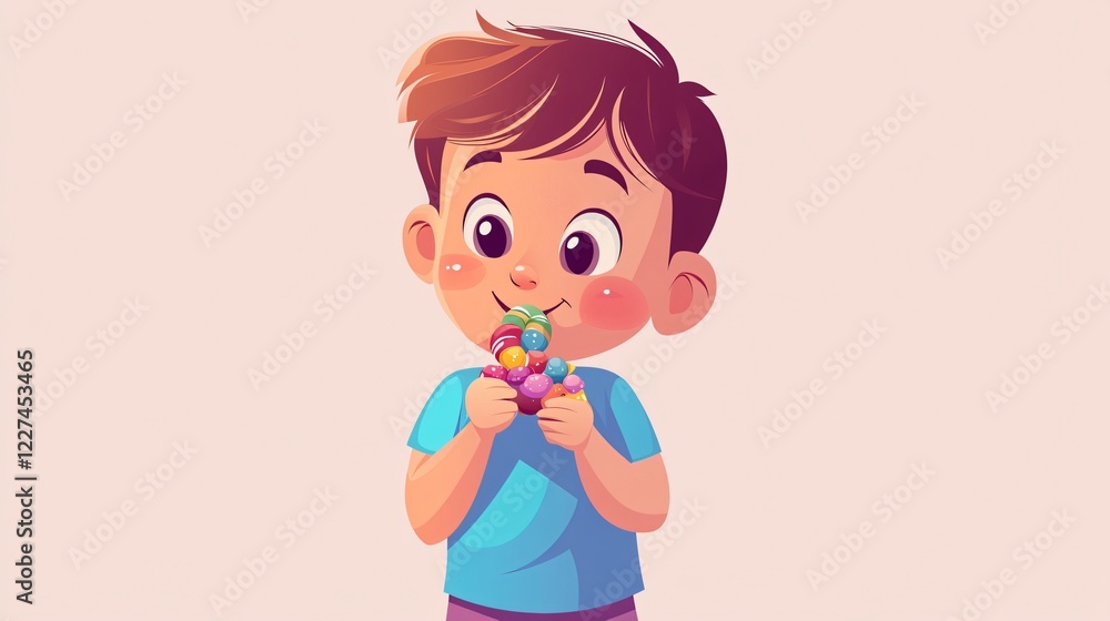 Happy Little Boy Enjoying Sweet Candy - Flat Vector Illustration Happy Little Boy Enjoying Sweet Candy - Flat Vector Illustration