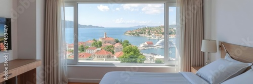 Hotel room with a large window overlooking the North Adriatic Sea in a Croatian coastal town, north adriatic, water, sea view