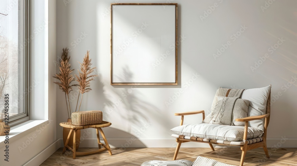 Fototapeta premium Cozy modern living room featuring a stylish chair and decorative plants with sunlight streaming in