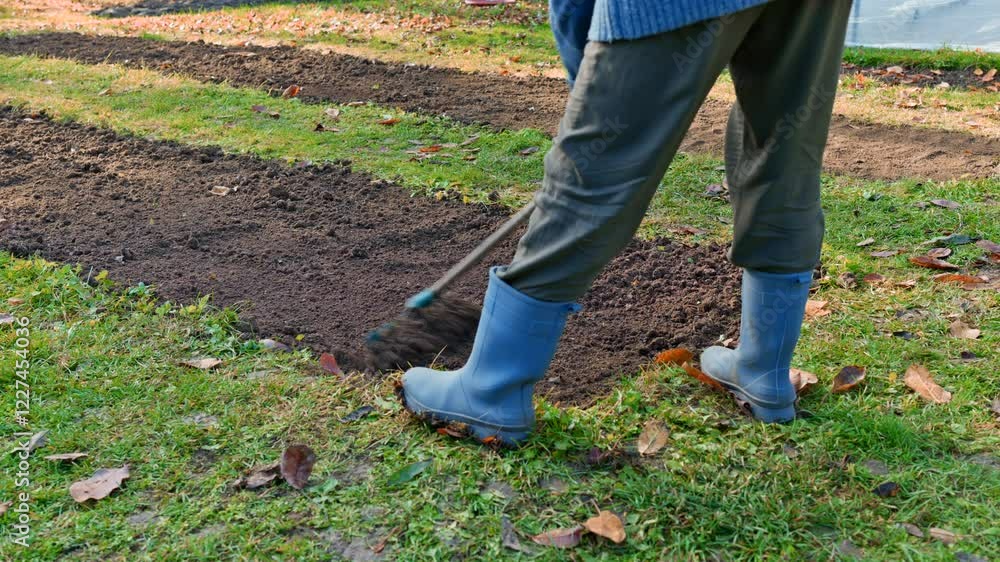 Leveling the soil in the garden bed, preparing for sowing or planting. Raking the flowerbed. Leveling the soil in the garden bed, preparing for sowing or planting. Raking the flowerbed.