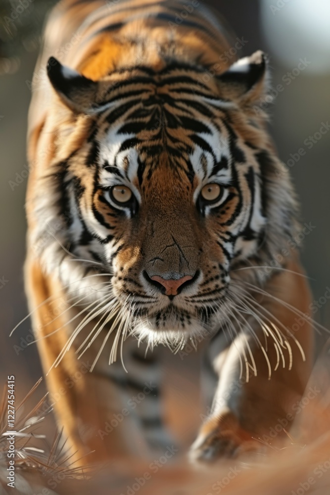 Naklejka premium Regal Tiger: A tiger prowling through natural habitat, its orange and black stripes blending perfectly with the sunlight and shadows.