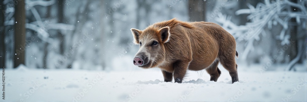 Wild boar walking through snowy forest landscape Wild boar walking through snowy forest landscape