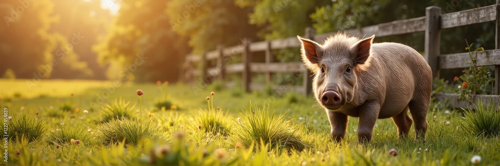 Wild boar in a sunlit pasture near a wooden fence Wild boar in a sunlit pasture near a wooden fence