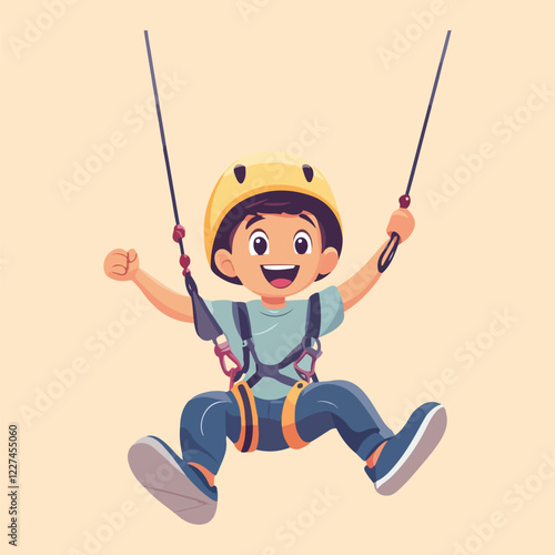 Cute Cheerful Kid Riding Swing Cartoon Vector Illustration