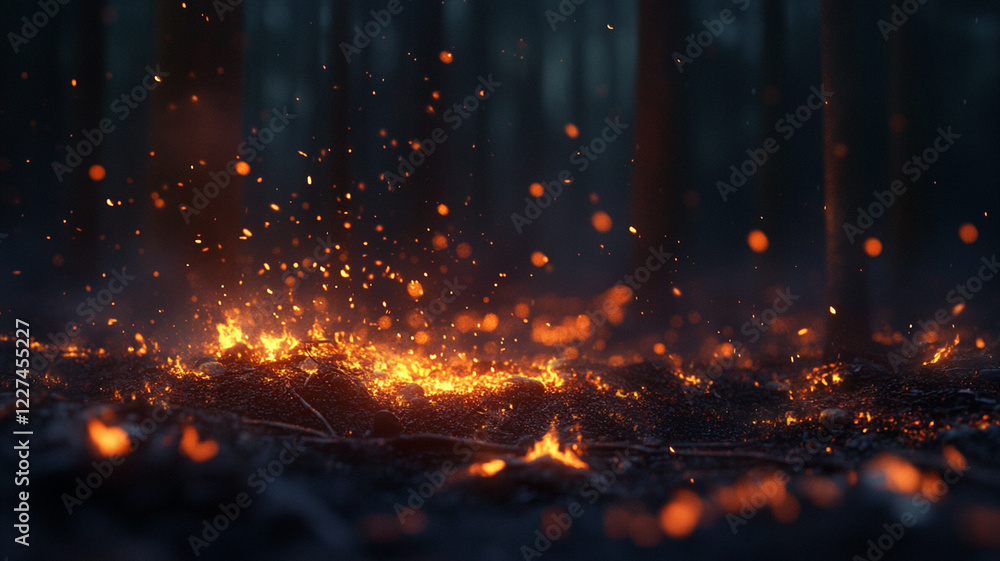 Glowing embers scatter across a dark forest floor at dusk, creating a mystical and enchanting atmosphere Glowing embers scatter across a dark forest floor at dusk, creating a mystical and enchanting atmosphere