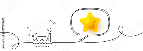 Travel scuba diving line icon. Continuous line with 3d star. Trip swimming sign. Holidays symbol. 3d star in speech bubble. Scuba diving single line ribbon. Loop curve pattern. Vector