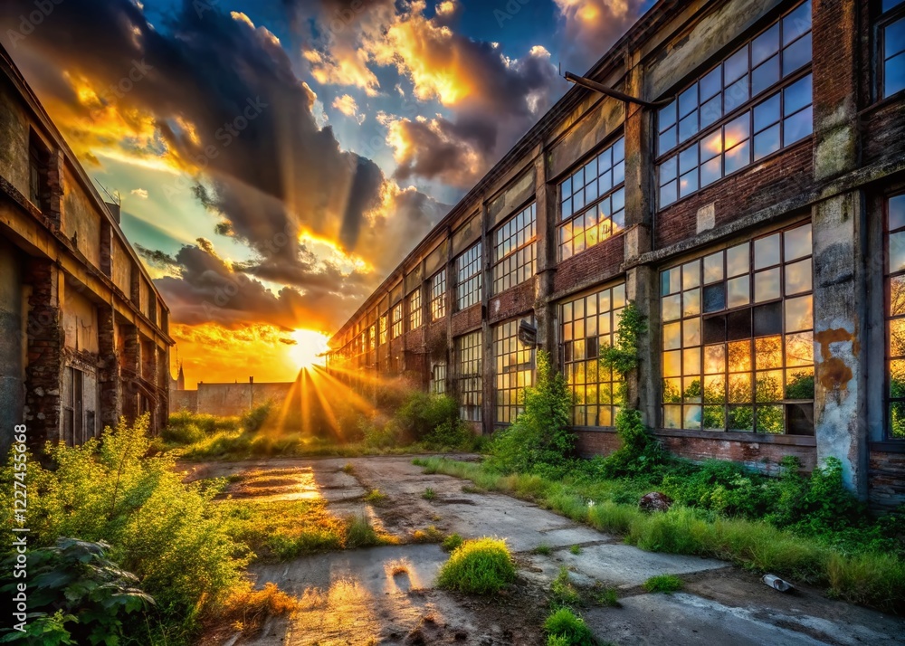 Abandoned Warehouse Sunset, Sun Rays Through Broken Windows, Industrial Landscape Photography Abandoned Warehouse Sunset, Sun Rays Through Broken Windows, Industrial Landscape Photography
