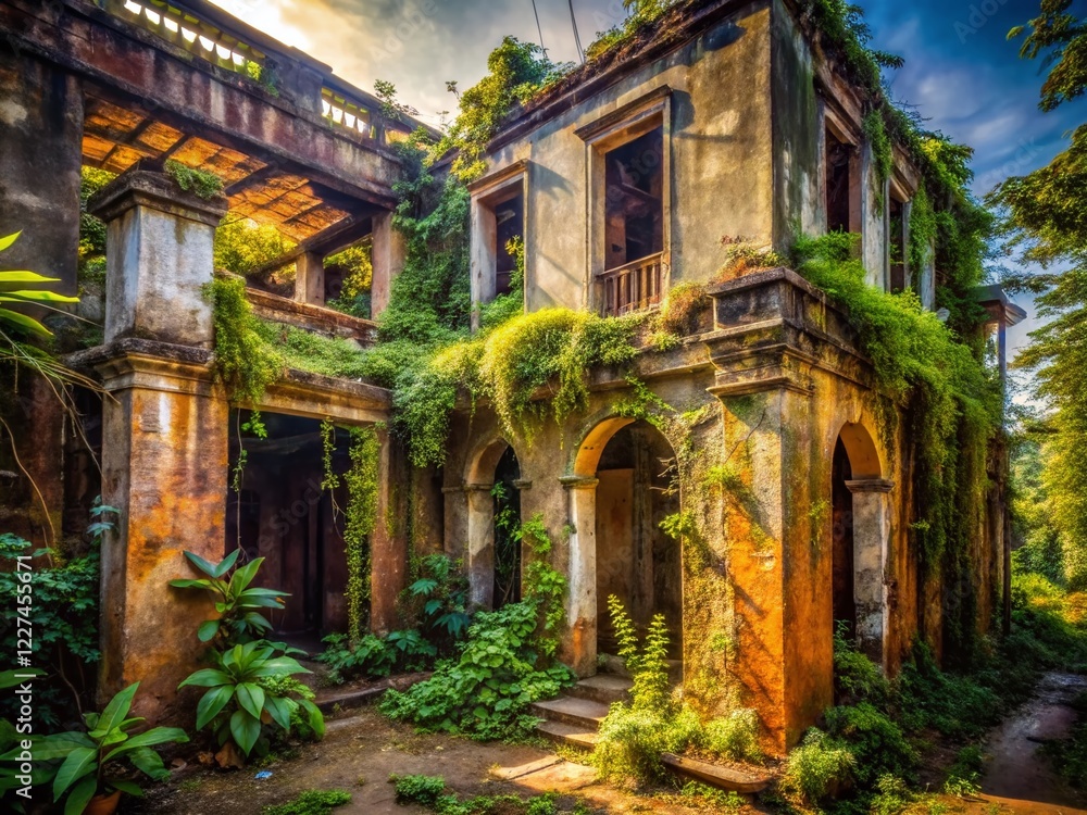 Fototapeta premium Abandoned Urban Exploration: Mysterious Vietnamese Building, Intriguing Decay, Crumbling Walls, Overgrown Vegetation, Atmospheric Light