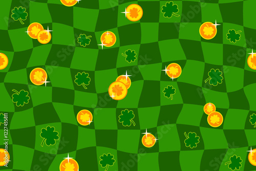 St. Patrick Day seamless pattern with shamrock, gold coins on geometric groovy checkered background. Vector illustration