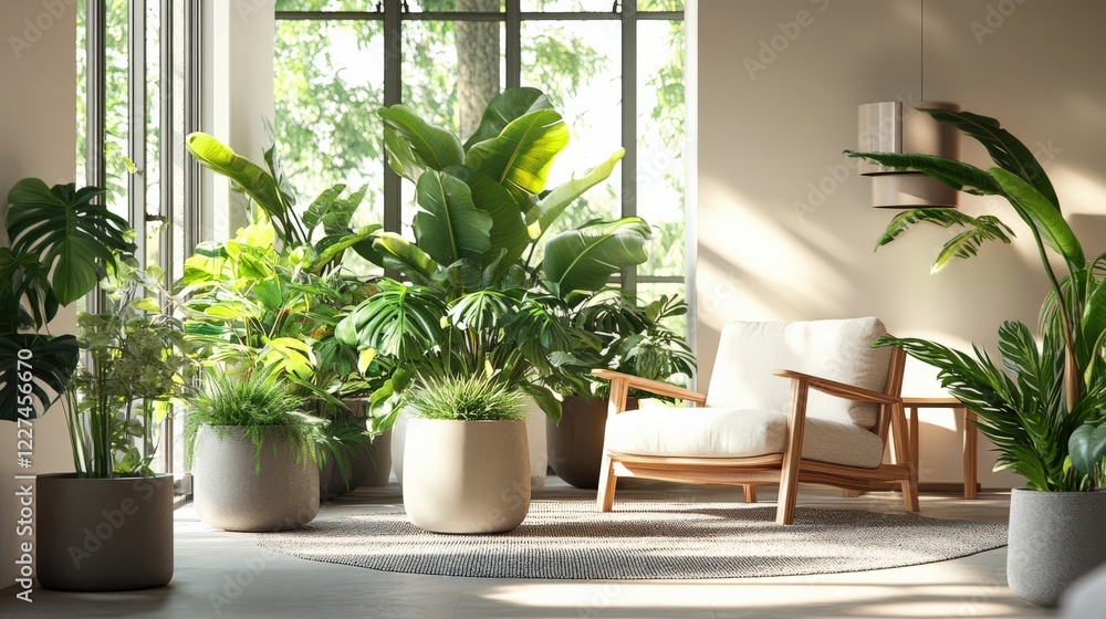 Fototapeta premium Bright Indoor Room with Green Plants and Comfortable Chair for Relaxation and Style