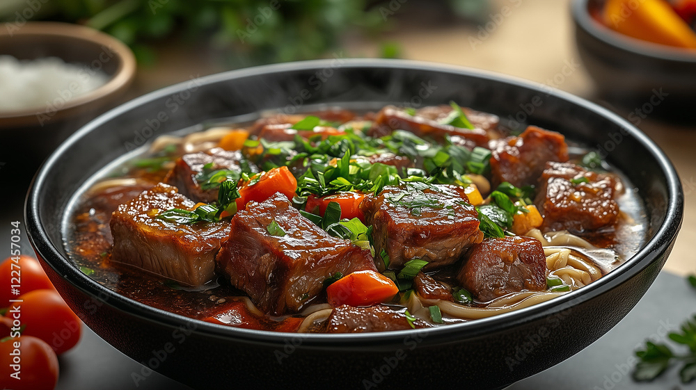 Braised Beef Noodles with Rich Sauce in Black Bowl – Tender Meat Chunks, Vegetables, and Spices for Hearty Meal Concept Braised Beef Noodles with Rich Sauce in Black Bowl – Tender Meat Chunks, Vegetables, and Spices for Hearty Meal Concept