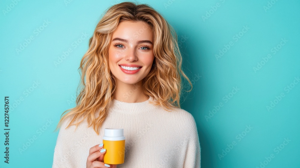 Happy Young Woman With Blonde Curly Hair Holds Yellow Container Against Teal Background Happy Young Woman With Blonde Curly Hair Holds Yellow Container Against Teal Background