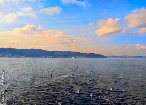 View of the sea, Dardanelles Strait, Gallipoli shores and flying seagulls from a ferry on a cloudy day. photo