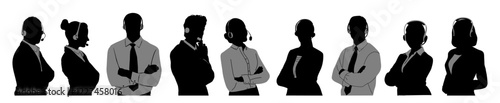Silhouettes of Call center business team. Hotline office workers with headsets. Customer support department staff, telemarketing agents. Business people black vector illustrations.