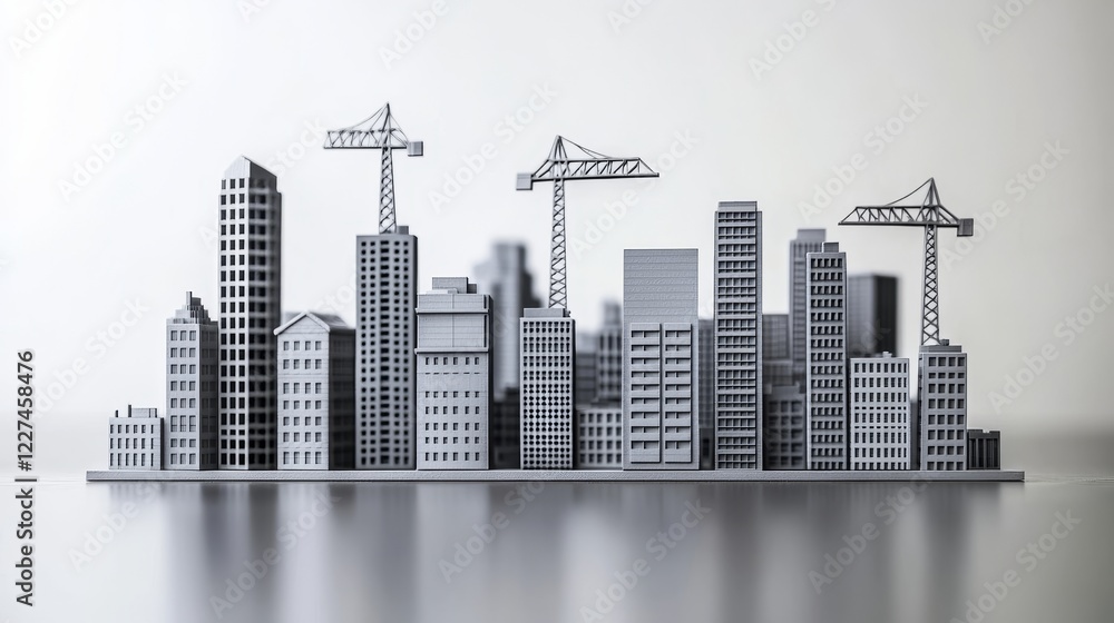 Naklejka premium Industrial Cityscape A Bokeh View of Gray Skylines, Imposing Structures and Tower Cranes