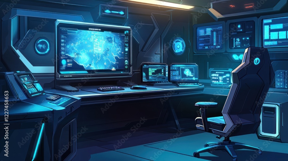 Naklejka premium Futuristic Control Room Workstation With Advanced Technology