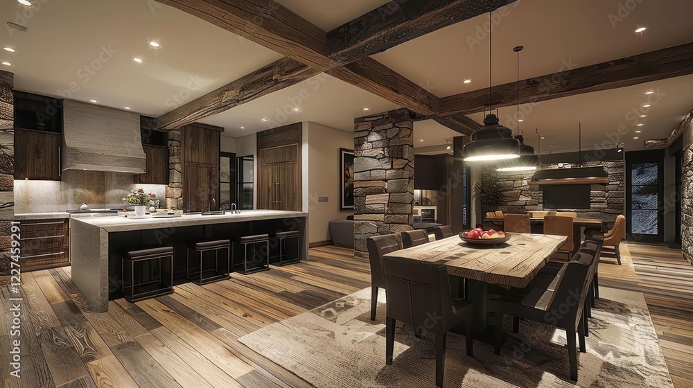 Fototapeta premium Modern rustic kitchen and dining area featuring wooden beams, stone accents, and warm lighting