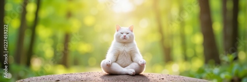 Serene white cat meditating on a dirt path in a sunlit forest