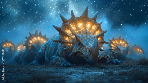 Sinoceratops herd resting peacefully open field under canopy of stars their frills glowing softly the faint moonlight as mist surrounds them captured with a low light telephoto lens for serene detail photo