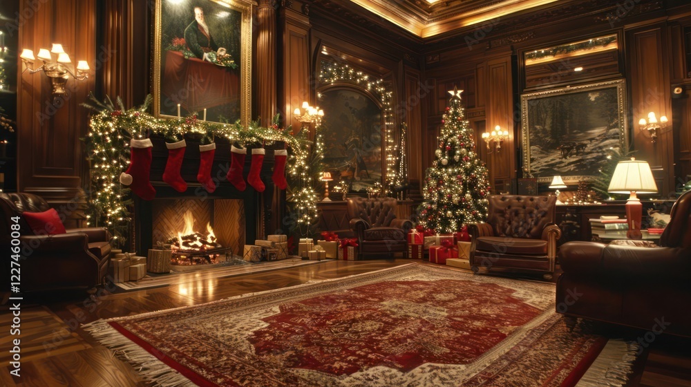 Obraz premium Cozy holiday living room with a decorated Christmas tree, stockings, and a warm fireplace ambiance