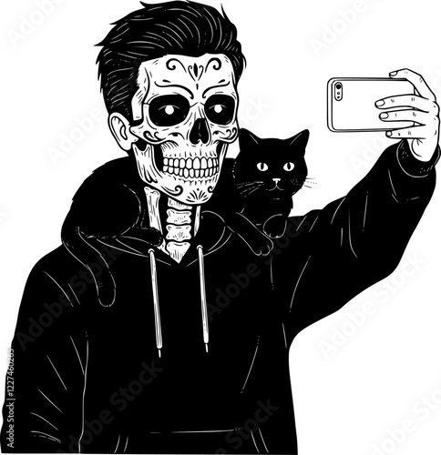 Skull man selfies with his cat vectors art
