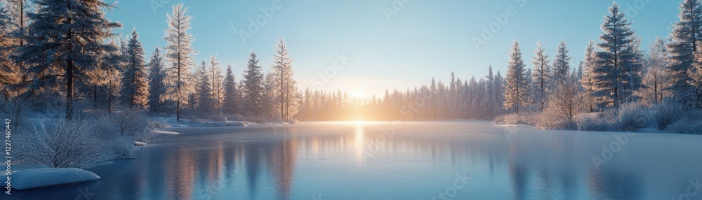 A serene winter landscape with a tranquil lake and snowy trees at sunrise. A serene winter landscape with a tranquil lake and snowy trees at sunrise.