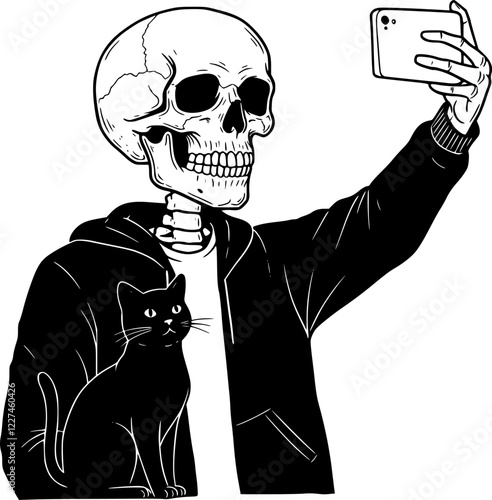 Skull man selfies with his cat vectors art
