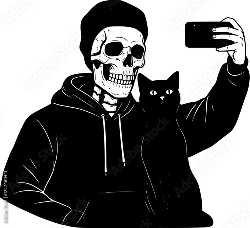 Skull man selfies with his cat vectors art
