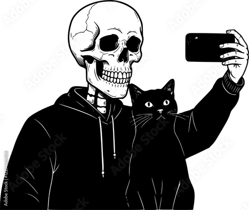 Skull man selfies with his cat vectors art

