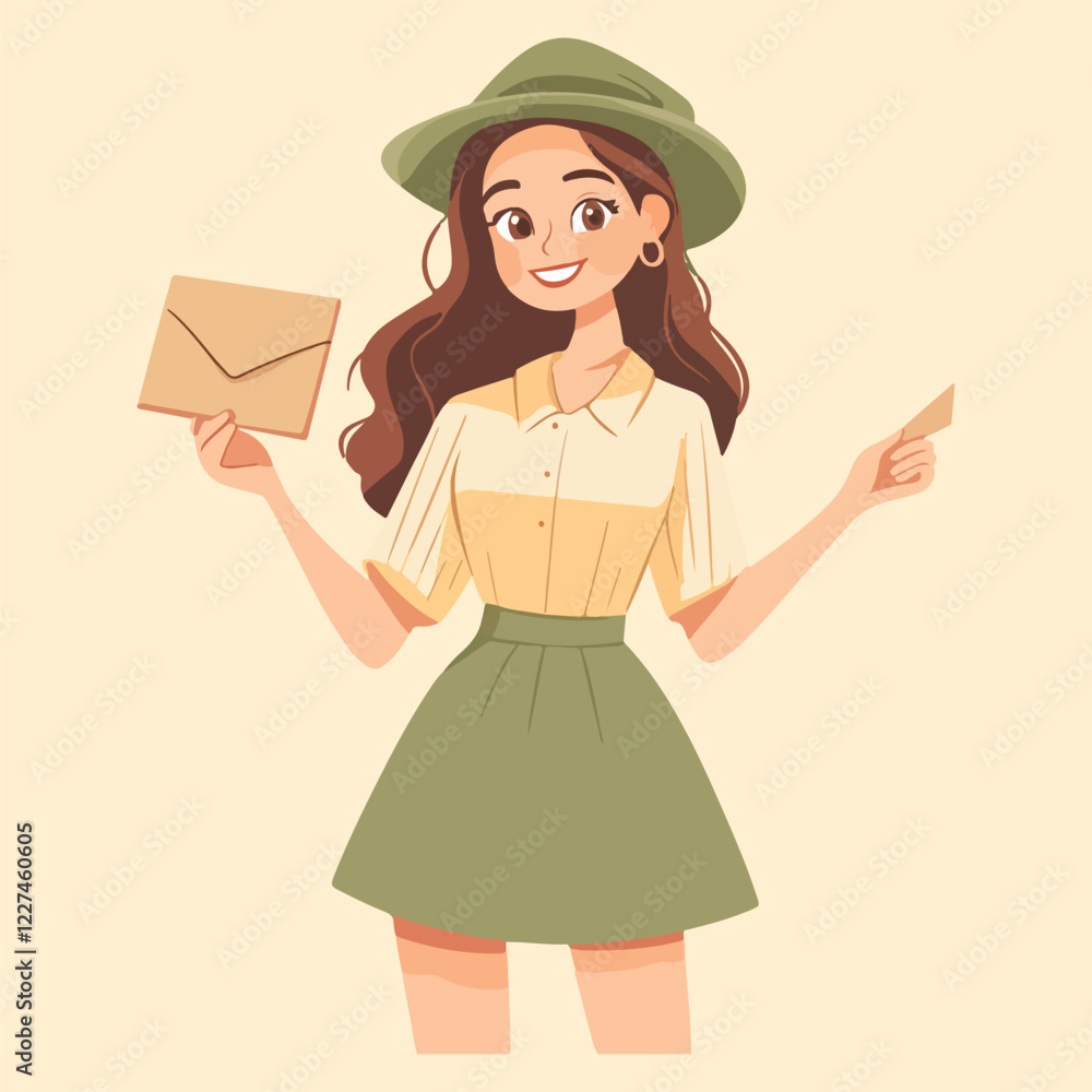 A cute gril stand holding envelope vector illustration A cute gril stand holding envelope vector illustration