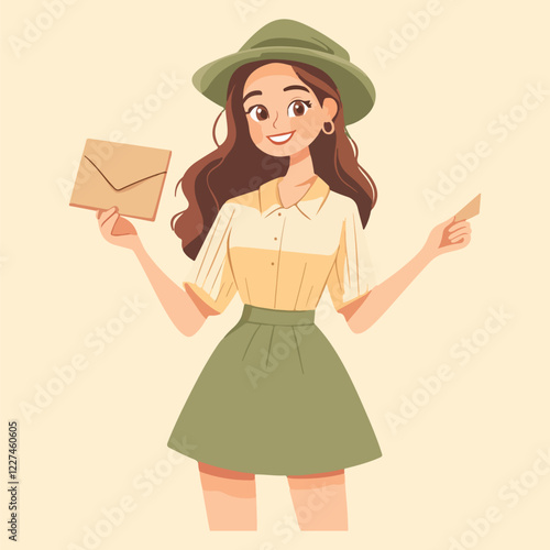 A cute gril stand holding envelope vector illustration