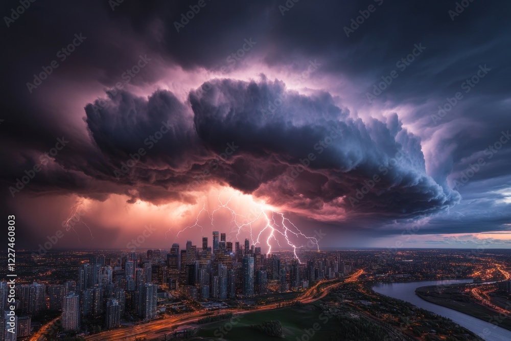 A powerful thunderstorm over a city, with lightning bolts striking dramatically near skyscrapers A powerful thunderstorm over a city, with lightning bolts striking dramatically near skyscrapers