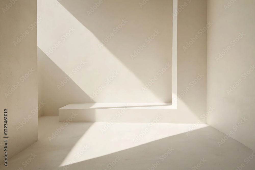 Fototapeta premium Minimalist interior space with soft natural light casting geometric shadows on the walls