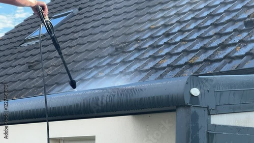 A person using a high-pressure washer to clean a house roof and gutters, removing dirt, moss, and grime buildup with a strong water spray