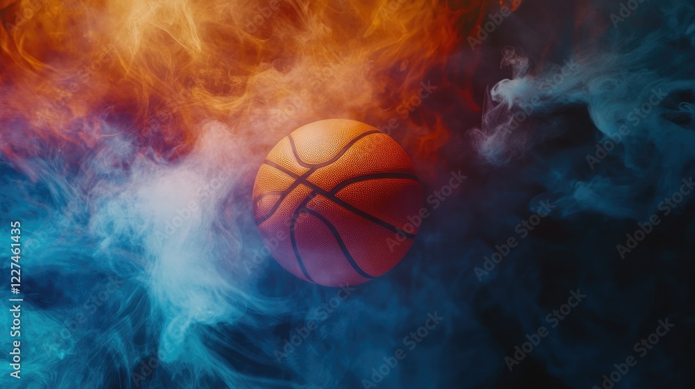 Fototapeta premium A basketball floating with swirling smoke in vibrant hues of orange, blue, and magenta, symbolizing energy, motion, and excitement in the sport