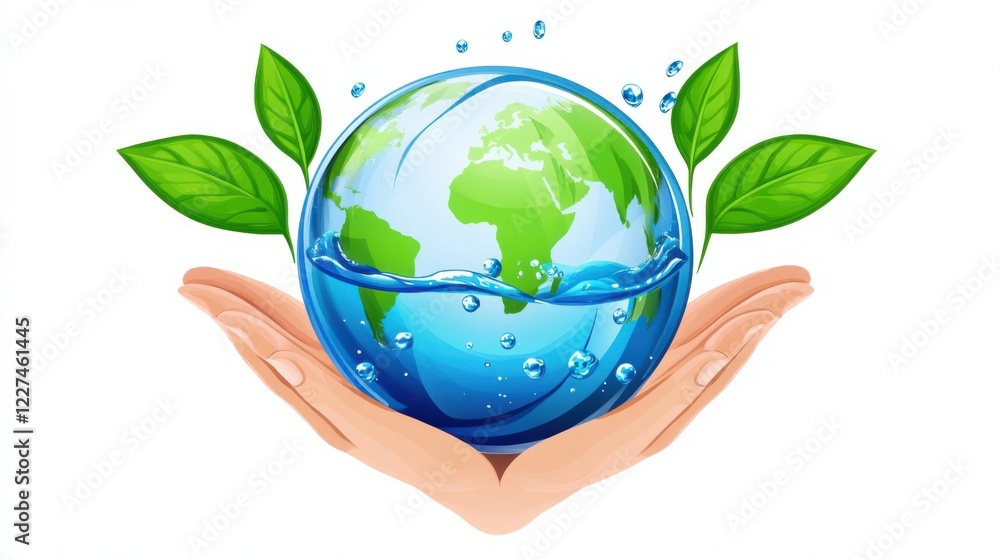 Hands cradling a vibrant globe surrounded by water and leaves, symbolizing environmental care Hands cradling a vibrant globe surrounded by water and leaves, symbolizing environmental care