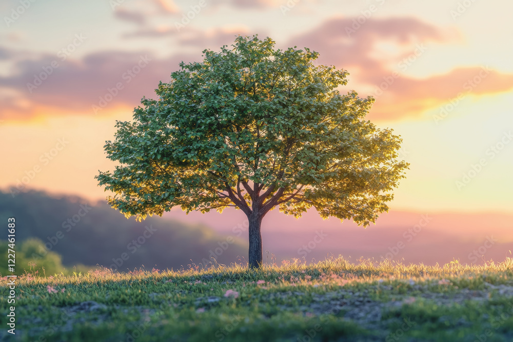 Obraz premium Tree standing alone in a wide open field under a clear blue sky with green grass surrounding it creating a serene and peaceful landscape view