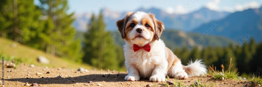 Dog wearing a red bowtie sitting on a hiking trail in the mountains. Dog wearing a red bowtie sitting on a hiking trail in the mountains.
