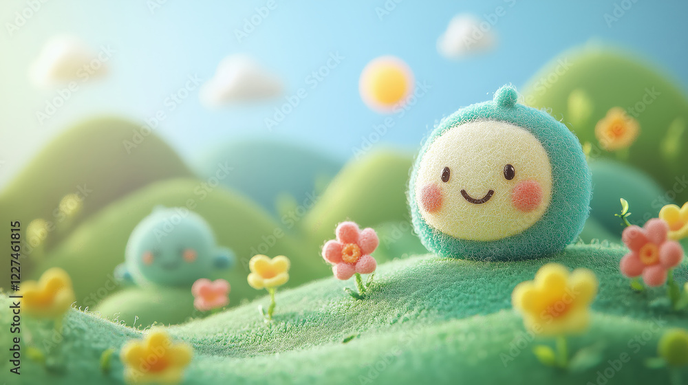 Obraz premium Colorful Dreamy Spring Landscape made of Wool with Happy Chinese Character and Flowers.