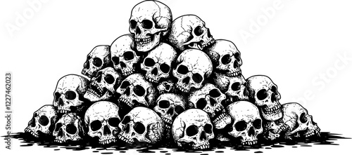 Skulls piled up in horrific places vector art background
