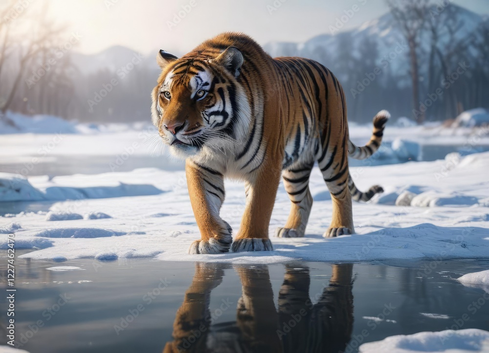 Obraz premium Majestic Siberian tiger crouches behind a frozen lake, predator, camouflage, tiger