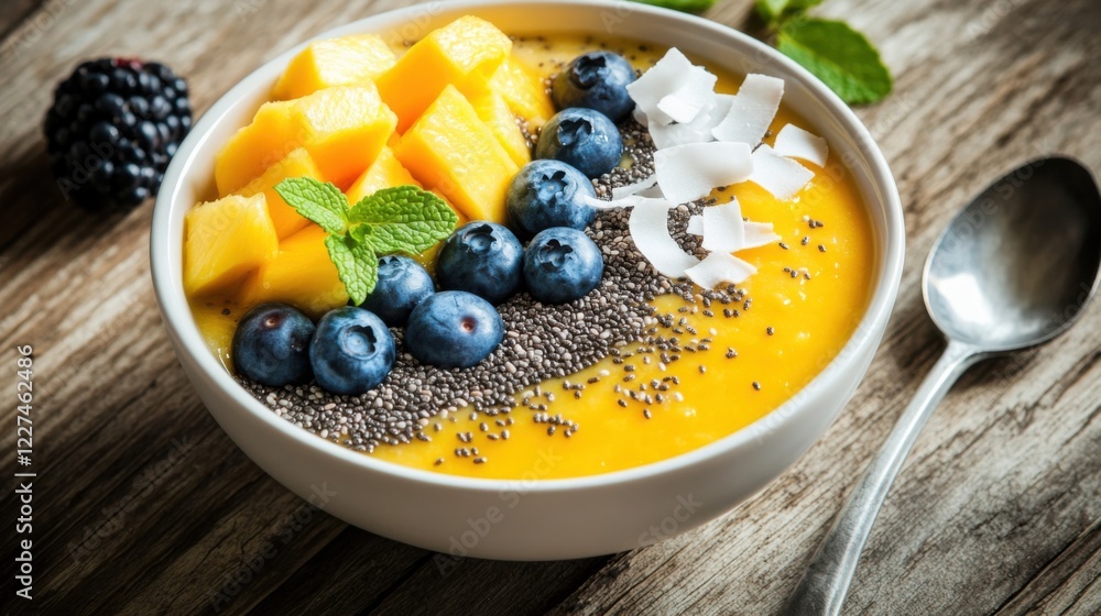 A fresh and colorful smoothie bowl with an assortment of fruits including mango, pineapple, and blueberries A fresh and colorful smoothie bowl with an assortment of fruits including mango, pineapple, and blueberries