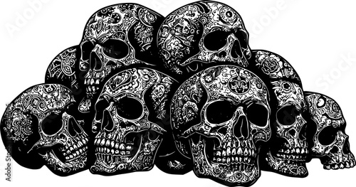 Skulls piled up in horrific places vector art background
