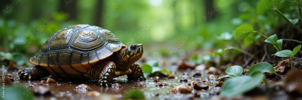 Slow-moving turtle walking on a forest path among leaves Slow-moving turtle walking on a forest path among leaves