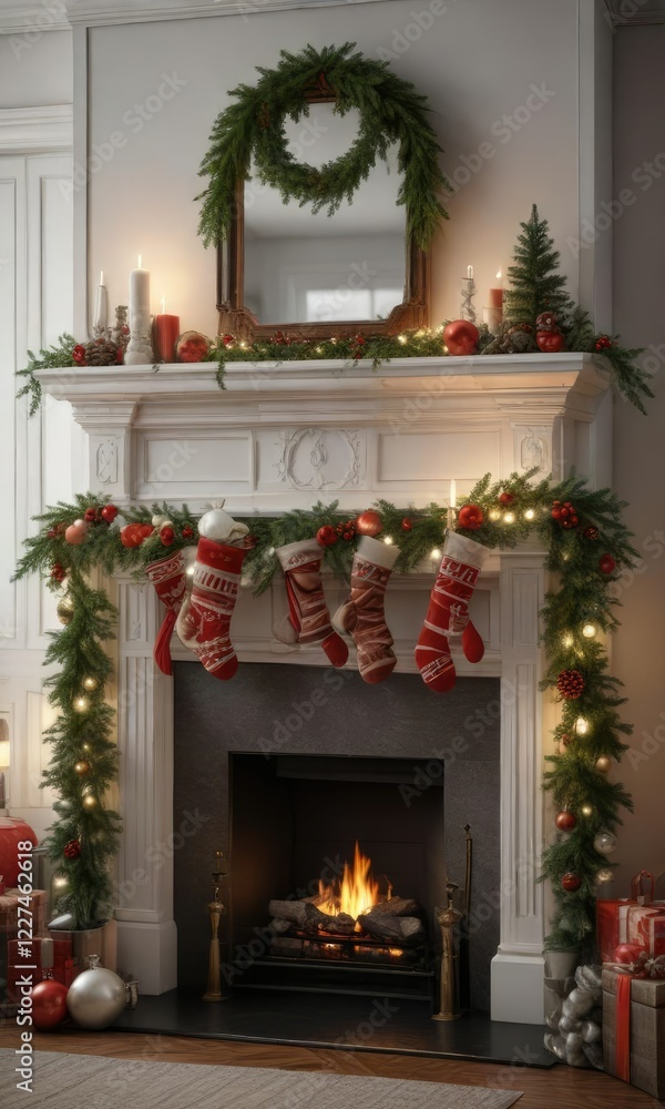 Fototapeta premium mantel decorated with stockings, ornaments, and evergreen branches, holiday decor, ornaments