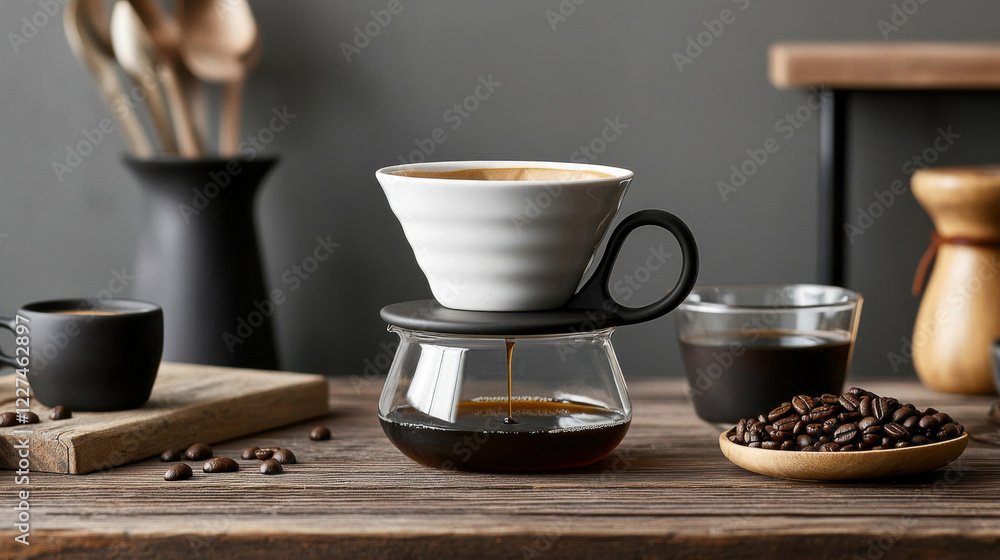 Handmade ceramic coffee dripper with brewed coffee and beans Handmade ceramic coffee dripper with brewed coffee and beans